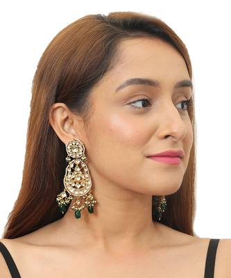 Green Beadss White Flower Stone Work Long Earring 1
