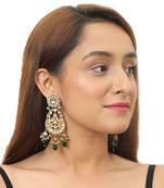 Green Beadss White Flower Stone Work Long Earring