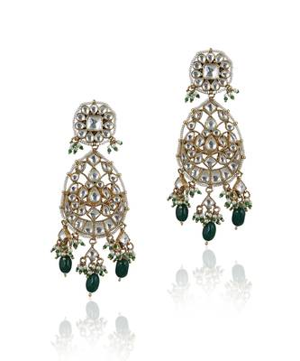Green Beadss White Flower Stone Work Long Earring 2