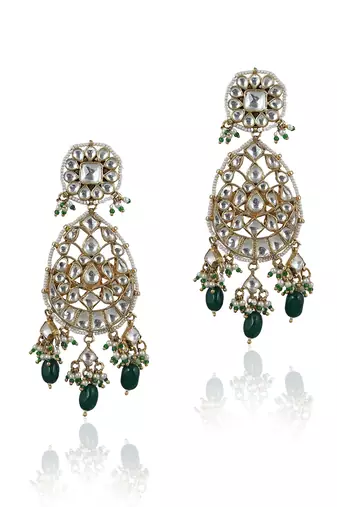 Green Beadss White Flower Stone Work Long Earring