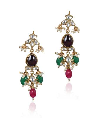 Green,Pink & Brown Three Colour Earring With White Jadtar Stone 2
