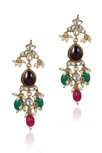 Green,Pink & Brown Three Colour Earring With White Jadtar Stone