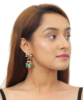 Green,Pink & Brown Three Colour Earring With White Jadtar Stone 1