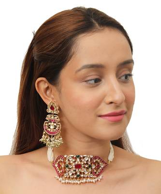 Rajwadi White Green & Pink Choker Set With Earring 1