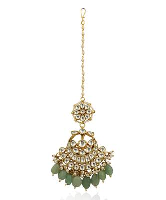 Jadtar Stone Maangtikka With Sea Green Beads 2