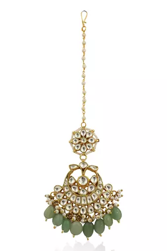 Jadtar Stone Maangtikka With Sea Green Beads