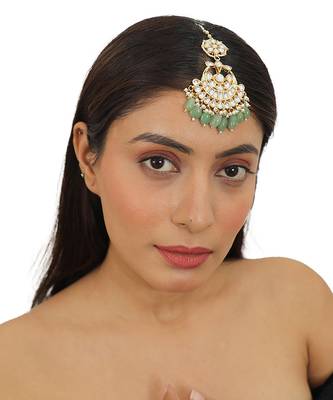 Jadtar Stone Maangtikka With Sea Green Beads 1