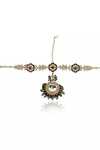 Floral Mathapatti With A Little Pink And Emerald Green Beads