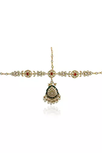 Pink And White Stones Floral Mathapatti Beaded With Pearls And A Touch Of Green