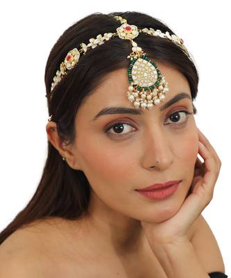 Pink And White Stones Floral Mathapatti Beaded With Pearls And A Touch Of Green 1