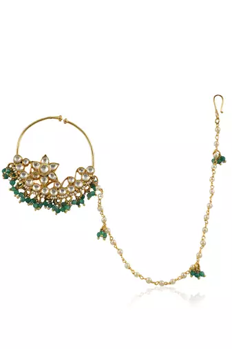 Round Jadau Nosering With Sea Green Beads