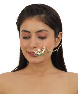 Round Jadau Nosering With Sea Green Beads 1