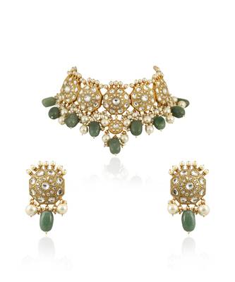 Traditional  Choker Neckace Set Studded With White Jadtar Stones And Sea Green Beads With Pearls 2