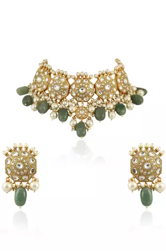 Traditional  Choker Neckace Set Studded With White Jadtar Stones And Sea Green Beads With Pearls