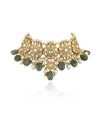 Traditional  Choker Neckace Set Studded With White Jadtar Stones And Sea Green Beads With Pearls 3