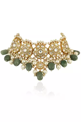 Traditional  Choker Neckace Set Studded With White Jadtar Stones And Sea Green Beads With Pearls