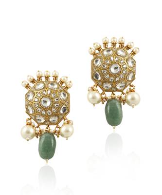 Traditional  Choker Neckace Set Studded With White Jadtar Stones And Sea Green Beads With Pearls 4