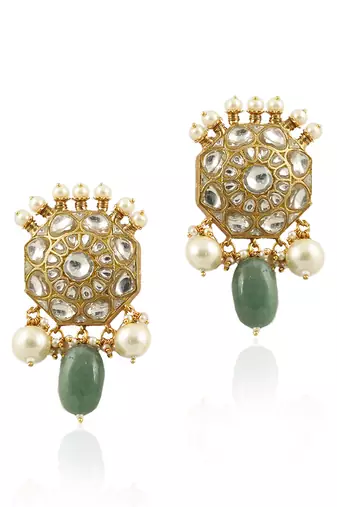 Traditional  Choker Neckace Set Studded With White Jadtar Stones And Sea Green Beads With Pearls