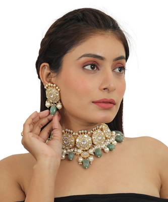 Traditional  Choker Neckace Set Studded With White Jadtar Stones And Sea Green Beads With Pearls 1
