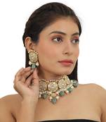 Traditional  Choker Neckace Set Studded With White Jadtar Stones And Sea Green Beads With Pearls