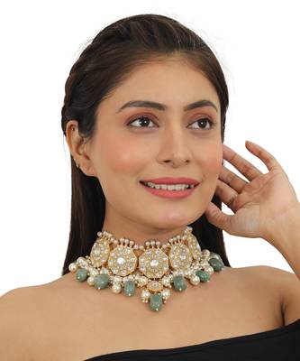 Traditional  Choker Neckace Set Studded With White Jadtar Stones And Sea Green Beads With Pearls 5
