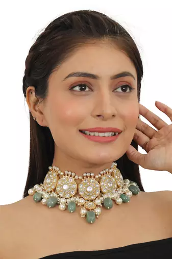 Traditional  Choker Neckace Set Studded With White Jadtar Stones And Sea Green Beads With Pearls