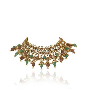 Pastel Pink And Sea Green Beads Necklace Set In  Gold Plating, With Jhumki Earings 2