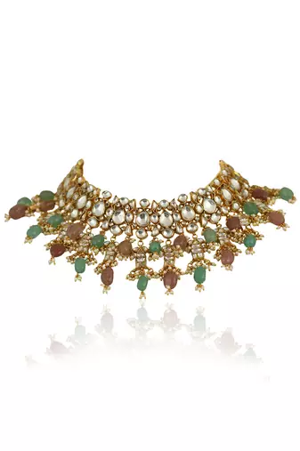 Pastel Pink And Sea Green Beads Necklace Set In  Gold Plating, With Jhumki Earings