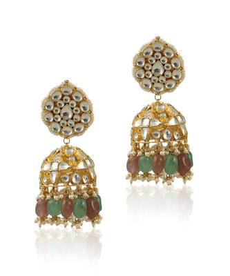 Pastel Pink And Sea Green Beads Necklace Set In  Gold Plating, With Jhumki Earings 3