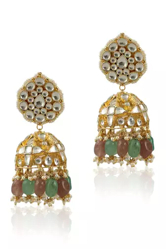 Pastel Pink And Sea Green Beads Necklace Set In  Gold Plating, With Jhumki Earings