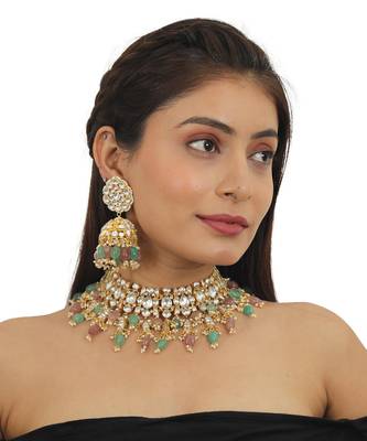 Pastel Pink And Sea Green Beads Necklace Set In  Gold Plating, With Jhumki Earings 1