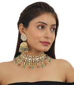 Pastel Pink And Sea Green Beads Necklace Set In  Gold Plating, With Jhumki Earings