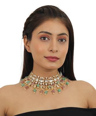Pastel Pink And Sea Green Beads Necklace Set In  Gold Plating, With Jhumki Earings 4