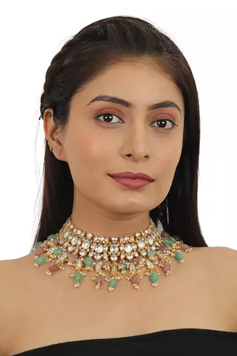 Pastel Pink And Sea Green Beads Necklace Set In  Gold Plating, With Jhumki Earings