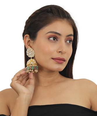 Pastel Pink And Sea Green Beads Necklace Set In  Gold Plating, With Jhumki Earings 5