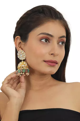 Pastel Pink And Sea Green Beads Necklace Set In  Gold Plating, With Jhumki Earings
