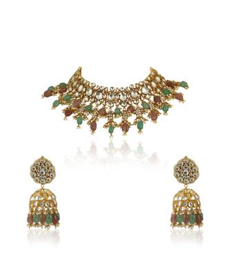 Pastel Pink And Sea Green Beads Necklace Set In  Gold Plating, With Jhumki Earings 6