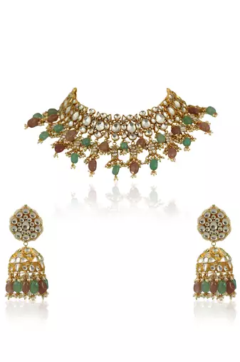 Pastel Pink And Sea Green Beads Necklace Set In  Gold Plating, With Jhumki Earings