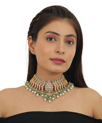 Festive Wear Necklace Set In  Gold Plating, Carved Uniquely With Sea Green Beads And Pearls 1