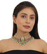 Festive Wear Necklace Set In  Gold Plating, Carved Uniquely With Sea Green Beads And Pearls