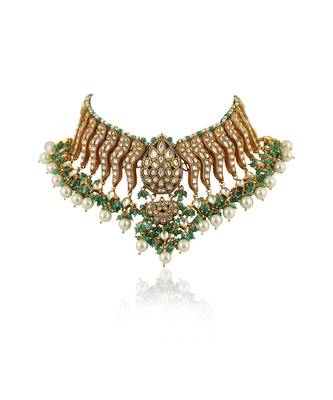 Festive Wear Necklace Set In  Gold Plating, Carved Uniquely With Sea Green Beads And Pearls 2