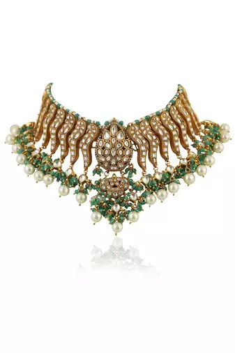 Festive Wear Necklace Set In  Gold Plating, Carved Uniquely With Sea Green Beads And Pearls