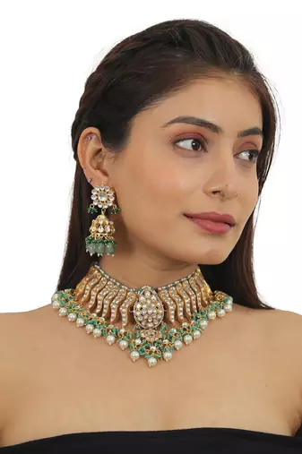 Festive Wear Necklace Set In  Gold Plating, Carved Uniquely With Sea Green Beads And Pearls