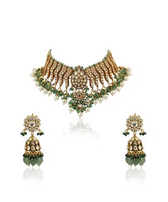 Festive Wear Necklace Set In  Gold Plating, Carved Uniquely With Sea Green Beads And Pearls 6