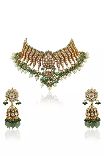 Festive Wear Necklace Set In  Gold Plating, Carved Uniquely With Sea Green Beads And Pearls