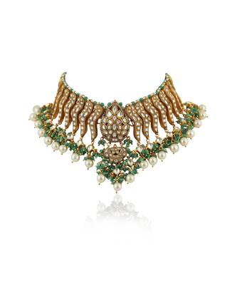 Festive Necklace Set In  Gold Plating, Carved Uniquely With Sea Green Beads And Pearls 2