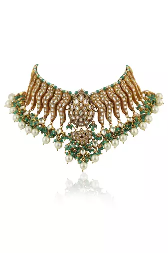 Festive Necklace Set In  Gold Plating, Carved Uniquely With Sea Green Beads And Pearls