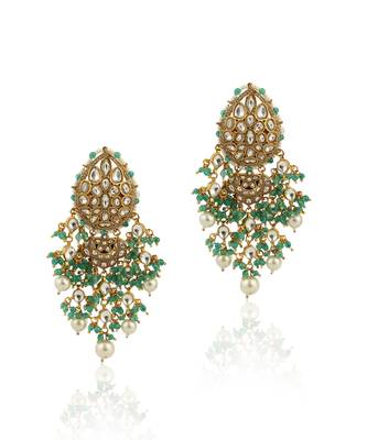 Festive Necklace Set In  Gold Plating, Carved Uniquely With Sea Green Beads And Pearls 3