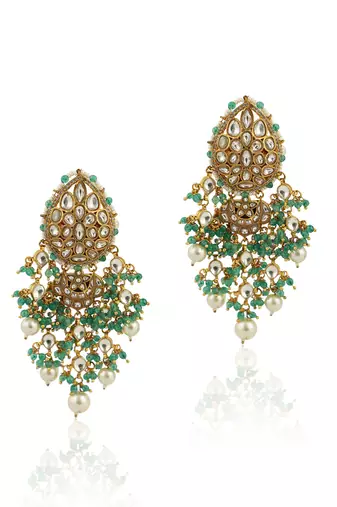 Festive Necklace Set In  Gold Plating, Carved Uniquely With Sea Green Beads And Pearls