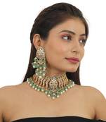 Festive Necklace Set In  Gold Plating, Carved Uniquely With Sea Green Beads And Pearls